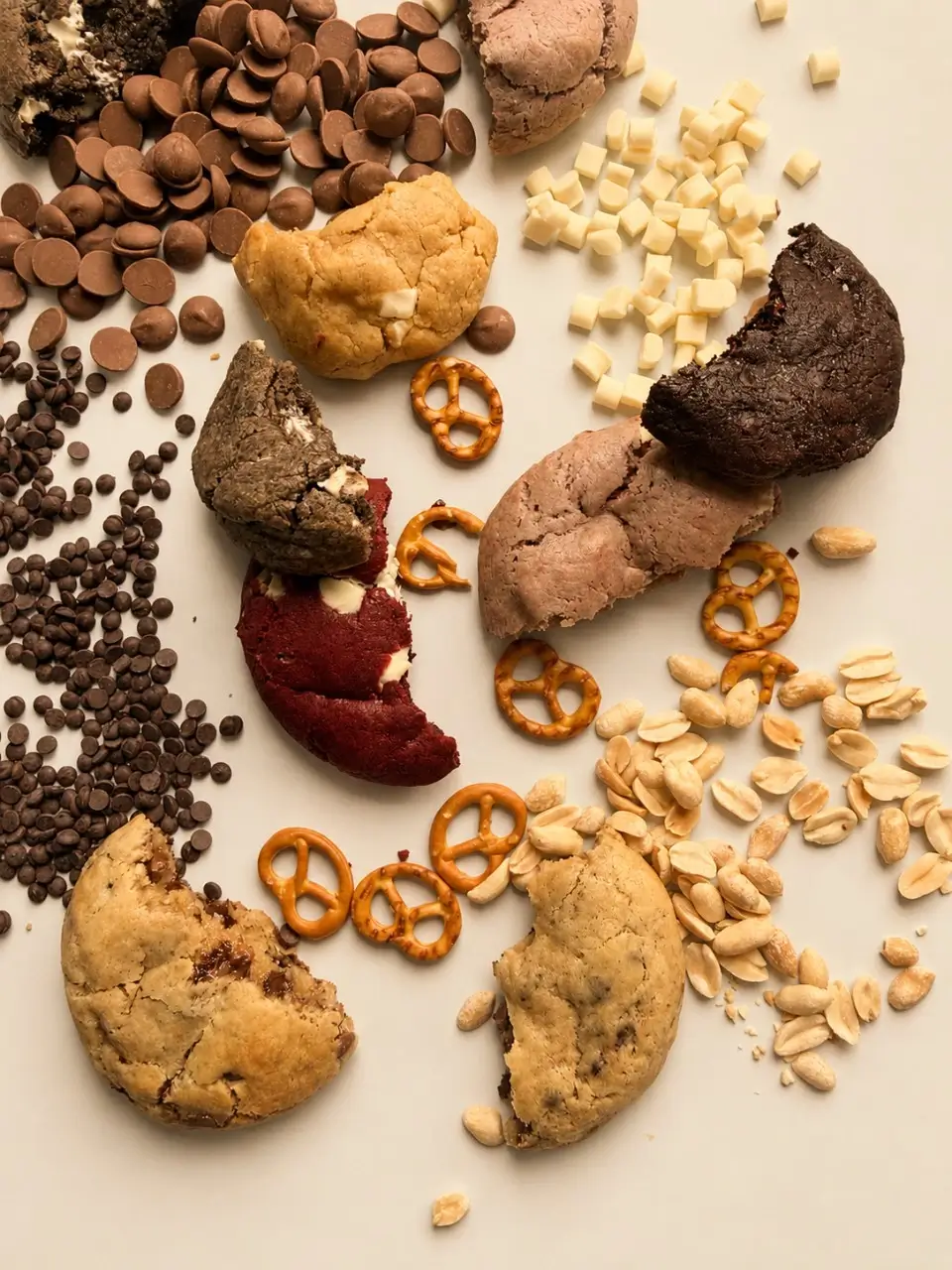 Kilka smaków ciastek Crumble Cookies na tle słonych przekąsek